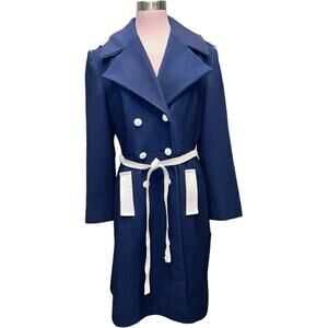 Vintage Lilli Ann Dark Royal Blue / White Leather Accents Dress Coat Fits M or L